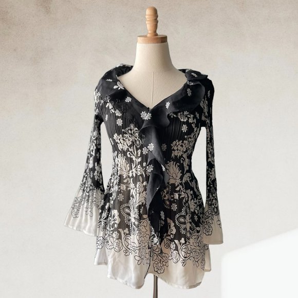 Sunny Leigh Tops - Sunny Leigh Black Floral Statement Sleeve Ruffle Blouse